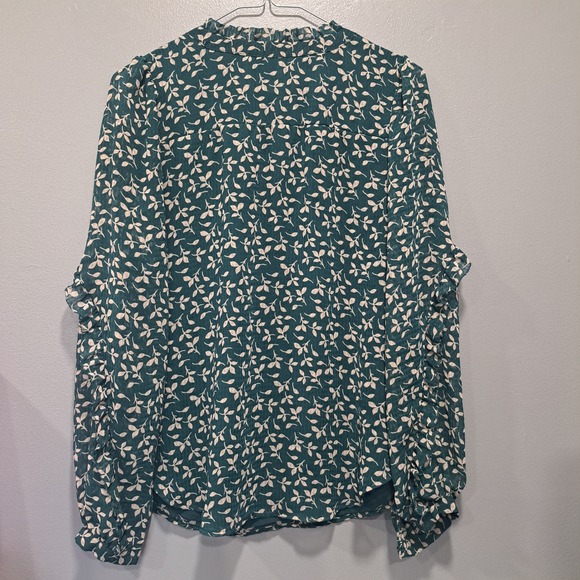LOFT Small Teal Green Leaf Print Ruffle Chiffon Blouse Long Sleeve Top - Picture 3 of 7